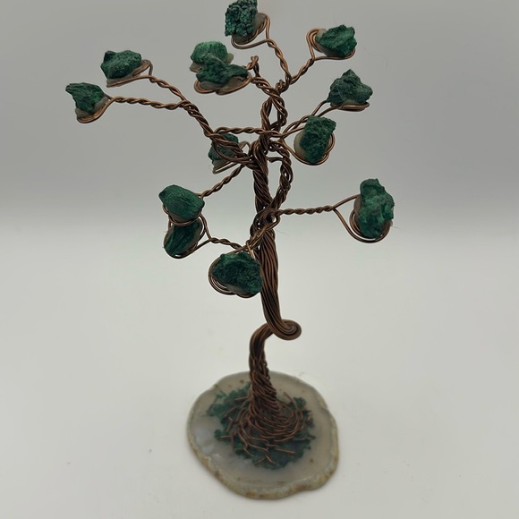 Natural raw malachite wire tree on natural agate slab - Picture 1 of 5